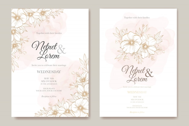 Elegant line art wedding card with beautiful floral and leaves template