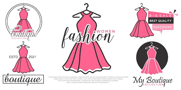 Elegant logo template for fashion designer company with pink dress gown shape