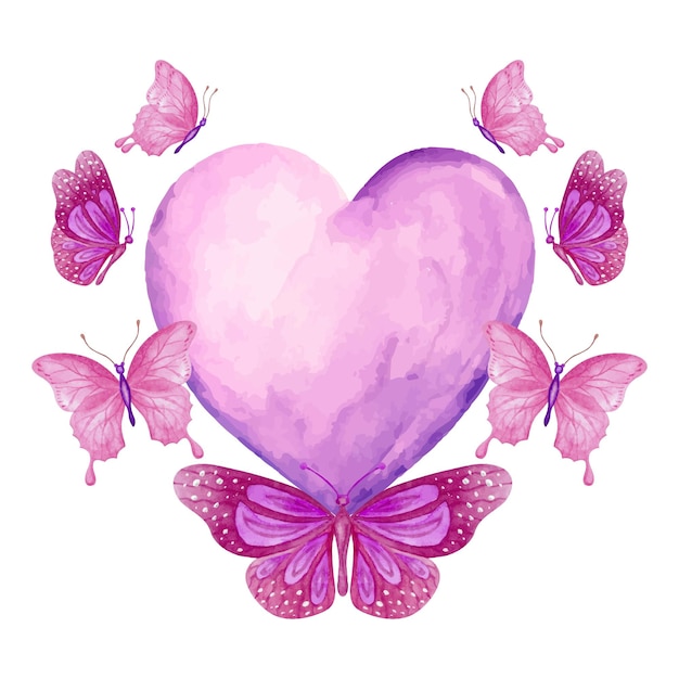 Elegant lovely watercolor heart shape with butterflies for valentines day greeting card