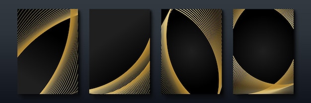 エレガントで豪華なブラックとゴールドのカバーデザインは、抽象的なラインで背景になっています。モダンなブラックストライプカバーデザインセット。ラグジュアリーでクリエイティブなゴールドのダイナミックな斜めのラインパターン。ビジネスのための正式なプレミアムベクトル