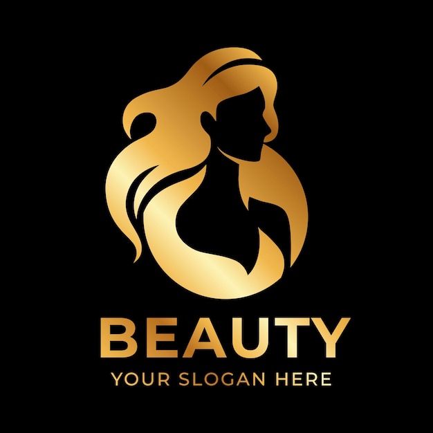 Элегантный роскошный золотой логотип с красивым лицом молодой взрослой женщины с длинными волосами