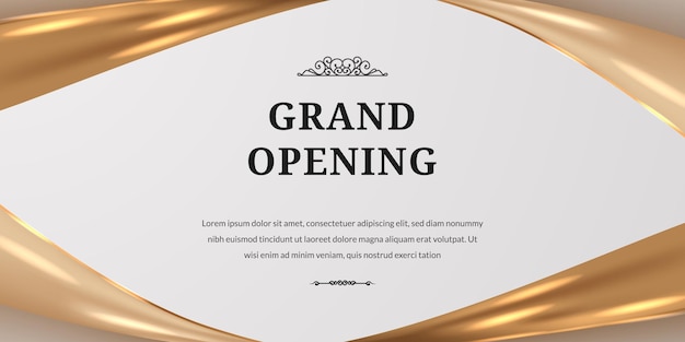 Elegant luxury grand opening poster banner with golden glossy satin silk ribbon template