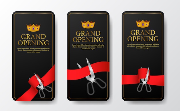 Elegant luxury grand opening social media stories template with golden color and crown and cutting red ribbon with dark background