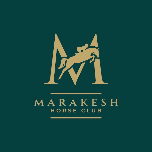 Elegant luxury letter m monogram horse jumping logo letter m horse logo show jumping horse logo