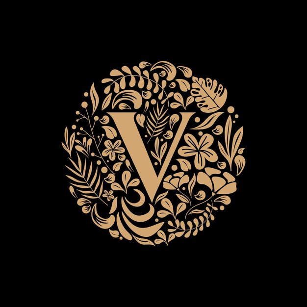 Elegant Luxury Letter V Circle Floral Flowers