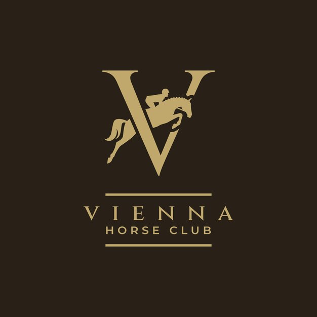 Элегантная роскошная буква v, монограмма, логотип прыжков лошадей, буква v, логотип лошадей, логотип шоу прыжков лошадей