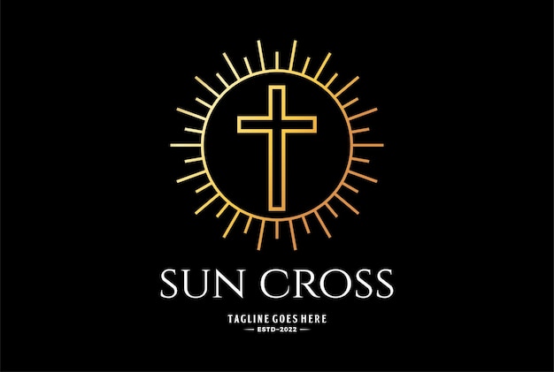 예배당 교회 로고를 위한 우아한 호화스러운 상승 태양 빛 예수 기독교 십자가 선