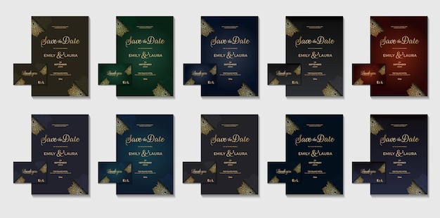 우아한 고급 왕실 결혼식 초대 카드 동양 세트 컬렉션은 색상 변형 전단지 카드 템플릿을 사용하여 메가 번들 황금 요소 기하학적 디자인을 보여줍니다.