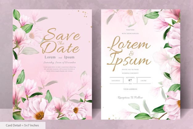 Elegante modello di biglietto d'invito per matrimonio floreale con composizione magnolia
