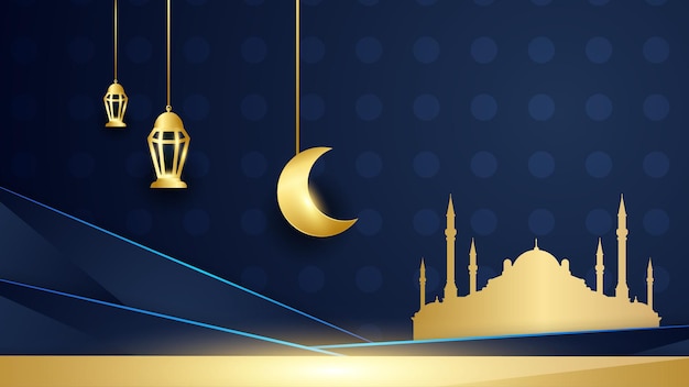 Elegant Mandala arabic golden blue Islamic design background Universal ramadan kareem banner background with lantern moon islamic pattern mosque and abstract luxury islamic elements