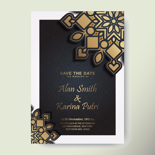 Design elegante modello di carta di invito a nozze mandala