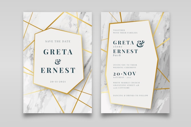 Elegant marble wedding invitation template with golden details