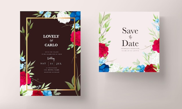 エレガントなあずき色のネイビーの花の招待状カード テンプレート