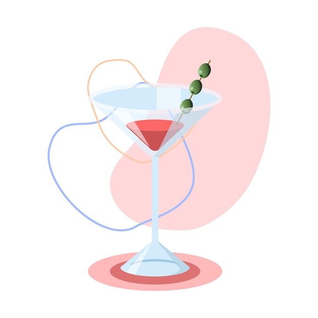 elegant martini glass with olives standing on pink