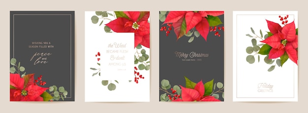 Elegant Merry Christmas and New Year Cards Set with Poinsettia Realistic Flowers, Mistletoe. Winter 3d plants design illustration for greetings, invitation, flyer, brochure, cover in vector