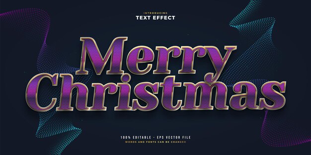 キラキラと光沢のある効果を持つ紫と金のエレガントなメリークリスマステキスト。編集可能なテキストスタイル効果