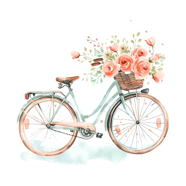 elegant minimaal ontwerp van fiets voor vrouwen met pastel bloemen in de voorste mand waterverf