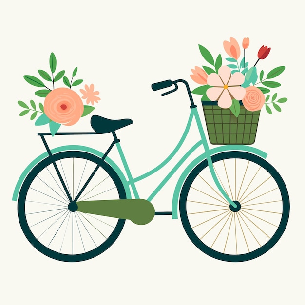 Vector elegant minimaal ontwerp van fiets voor vrouwen met pastel bloemen in de voorste mand