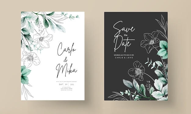 Elegant minimal flower with watercolor wedding card template