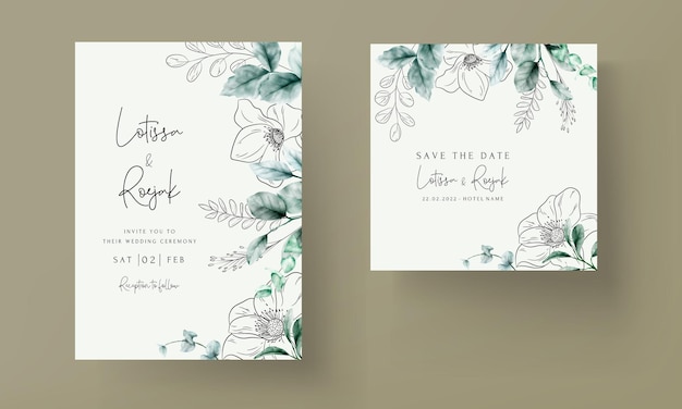 Vector elegant minimal flower with watercolor wedding card template