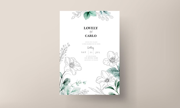 Vector elegant minimal flower with watercolor wedding card template