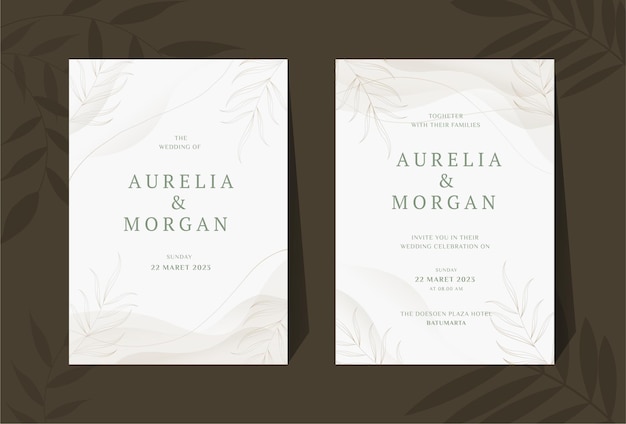 Elegant minimalist wedding card with leaves design template