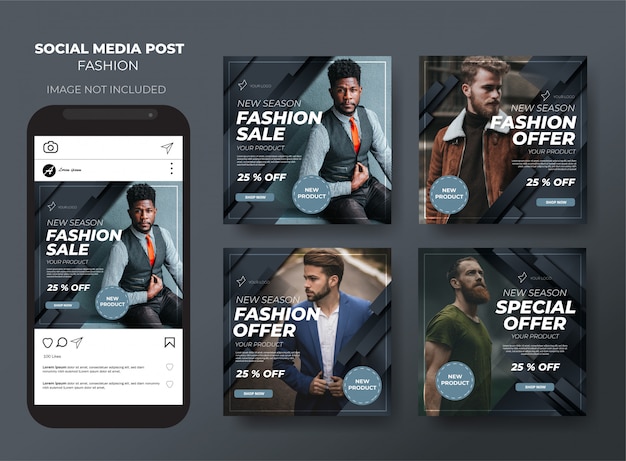 Modello di vendita di feed post moderno social media nero moda elegante