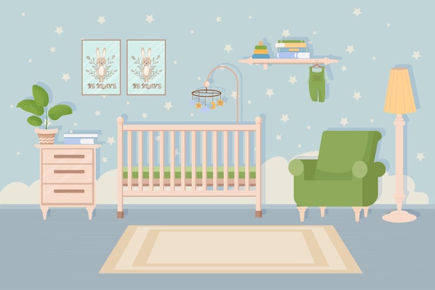 벡터 우아한 현대 편안한 아기 유아 침실 방 인테리어 아기 침대 의자 테이블과 선반