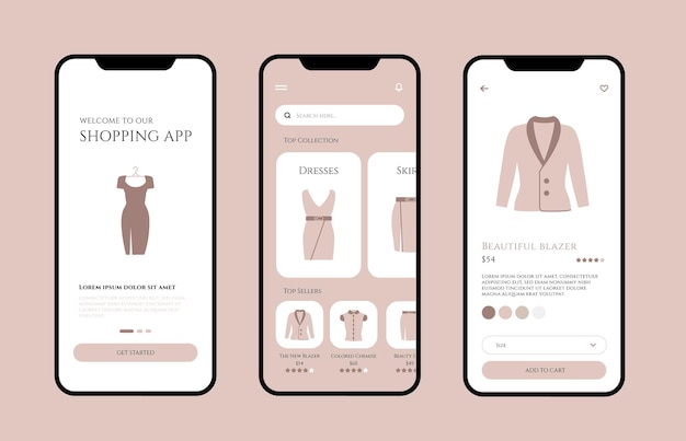 Design elegante e moderno per l'applicazione dell'interfaccia utente di e-commerce per lo shopping del settore della moda per dispositivi mobili