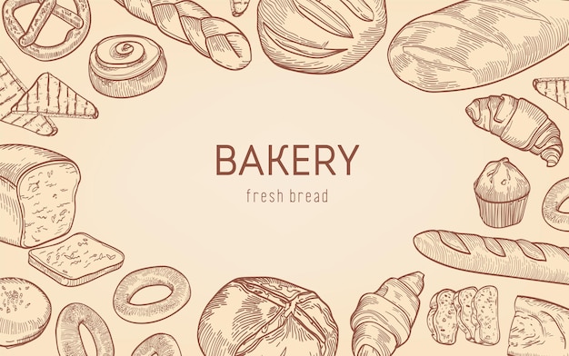 Elegant monochrome frame background made of breads, sweet baked products, homemade pastry