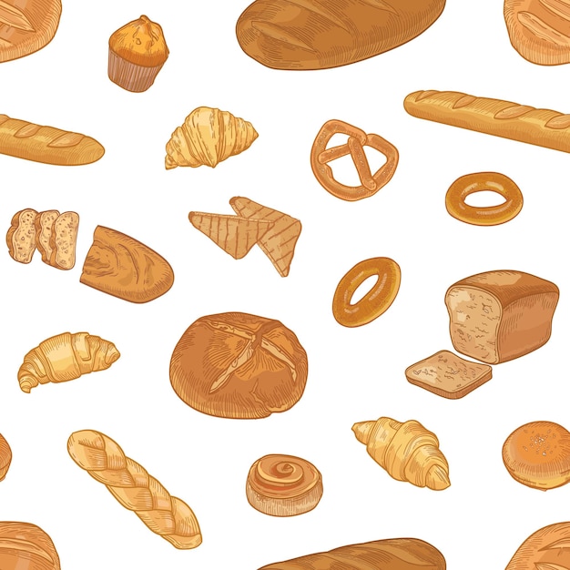 Elegant naadloos patroon met verschillende soorten heerlijk brood of gebak op witte achtergrond. achtergrond met volkoren gebakken snacks. realistische hand getrokken vectorillustratie voor textieldruk.