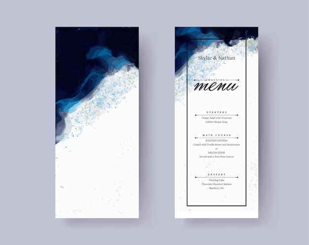 Elegante modello di scheda del menu di matrimonio dell'acquerello blu navy