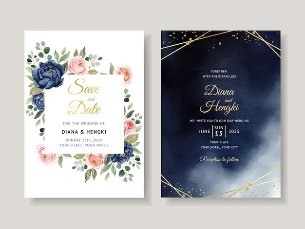 Modello di carta di invito matrimonio acquerello floreale blu scuro elegante con linea dorata