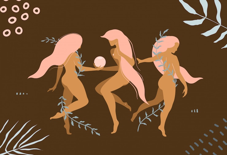 Vector elegant nude women with long hair fit and slim naked body graphic design for apparel or product.