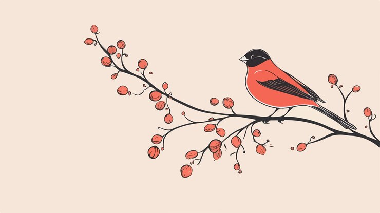 Vector elegant one line vector illustration of bullfinch perched on twig