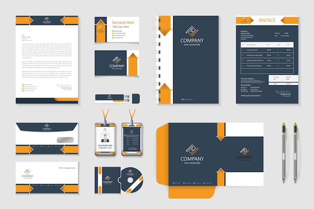 Vector elegant orange and black color professional business stationery items