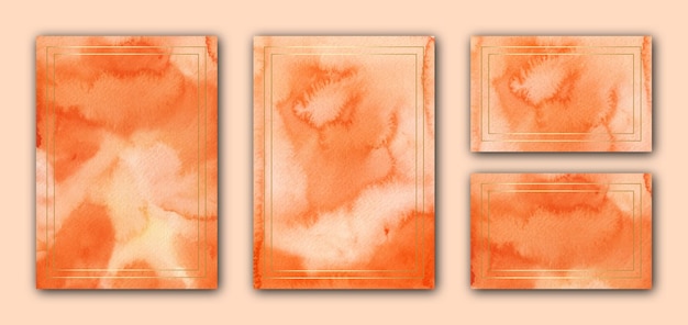 Elegant orange watercolor wedding card template with golden frame