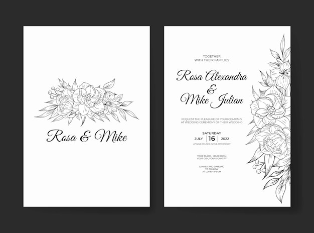 Elegant outline flower wedding invitation template