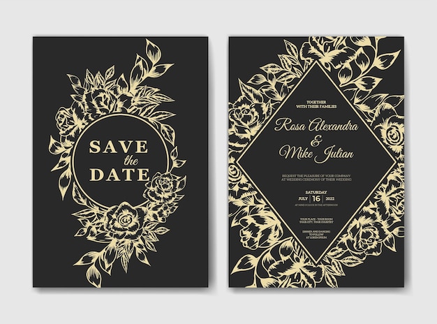 Elegant outline rose flower wedding invitation template