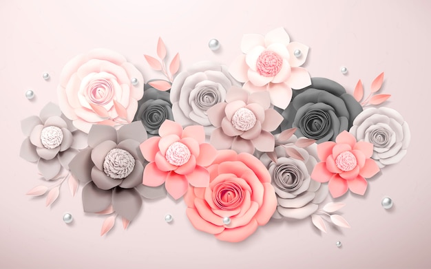 Elegant paper flowers boutique in grey and pink, 3d illustration