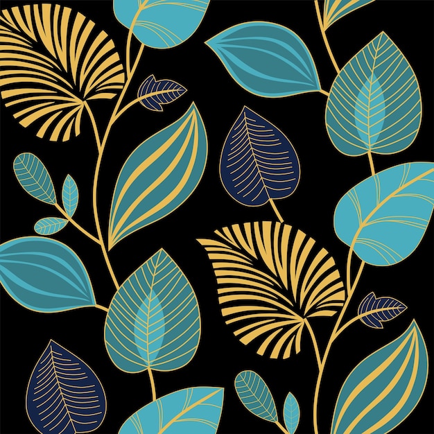 Elegant pattern with cyan and golden leaves on black background