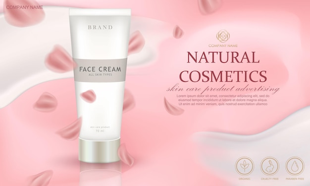 Elegant pink banner with realistic white cream smear flying flower petals and 3d skin care product