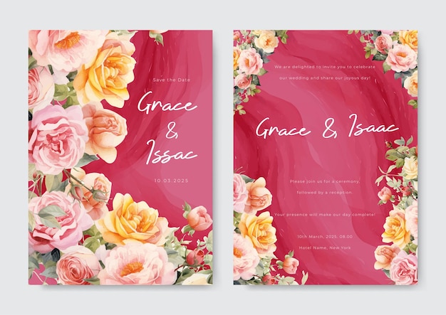 Elegant pink flower wedding invitation watercolor template