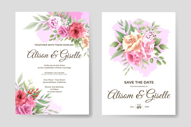 Elegant pink rose floral wedding invitation card template