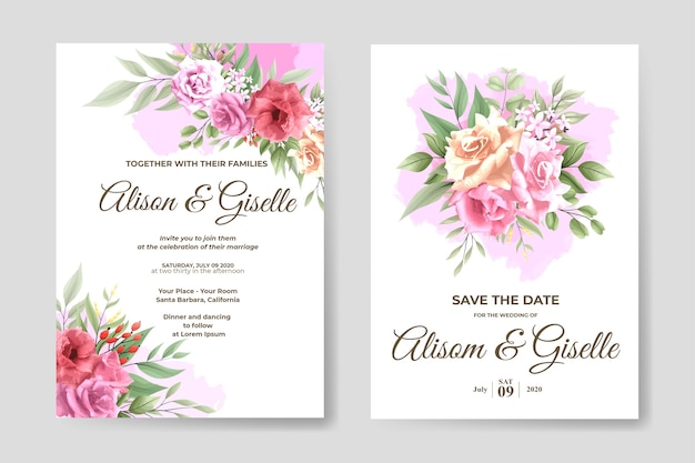 elegant pink rose floral wedding invitation card template