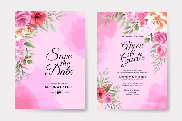 elegant pink rose floral wedding invitation card template