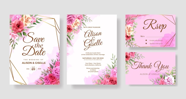 Elegant pink rose floral wedding invitation card template