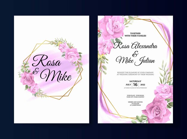 Elegant pink rose floral wedding invitation template