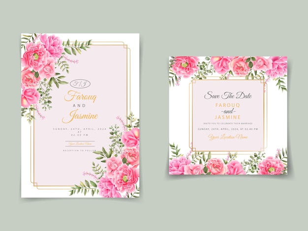 Elegante biglietto d'invito per matrimonio con rosa rosa e peonia