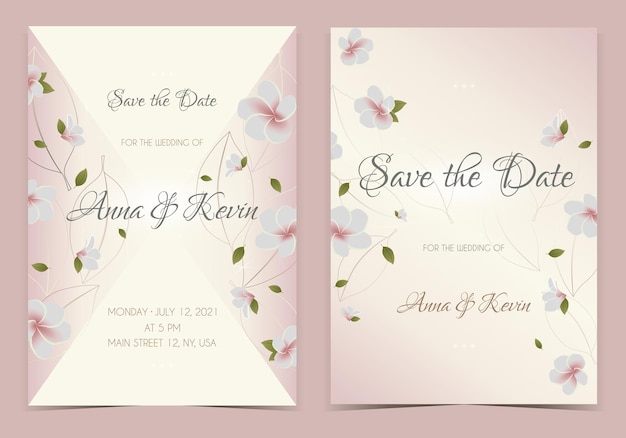 Elegant pink wedding invitation template with blossom flowers and leaves